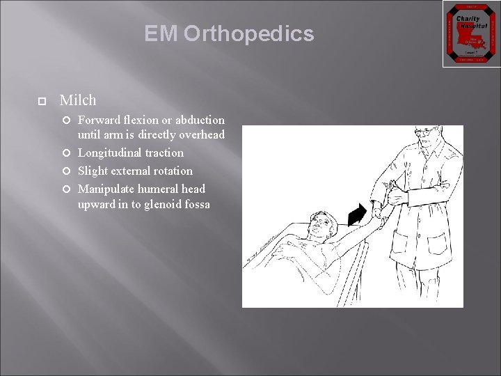 EM Orthopedics Milch Forward flexion or abduction until arm is directly overhead Longitudinal traction