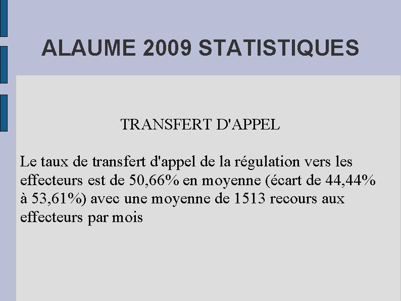 ALAUME 2009 STATISTIQUES TRANSFERT D'APPEL Le taux de transfert d'appel de la régulation vers