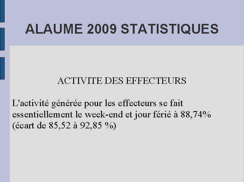 ALAUME 2009 STATISTIQUES ACTIVITE DES EFFECTEURS L'activité générée pour les effecteurs se fait essentiellement