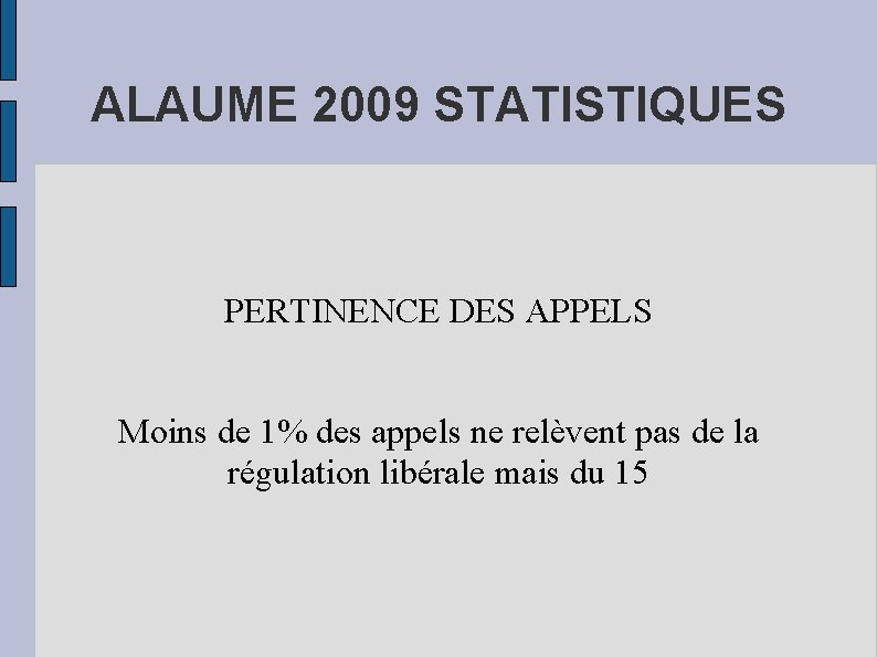 ALAUME 2009 STATISTIQUES PERTINENCE DES APPELS Moins de 1% des appels ne relèvent pas