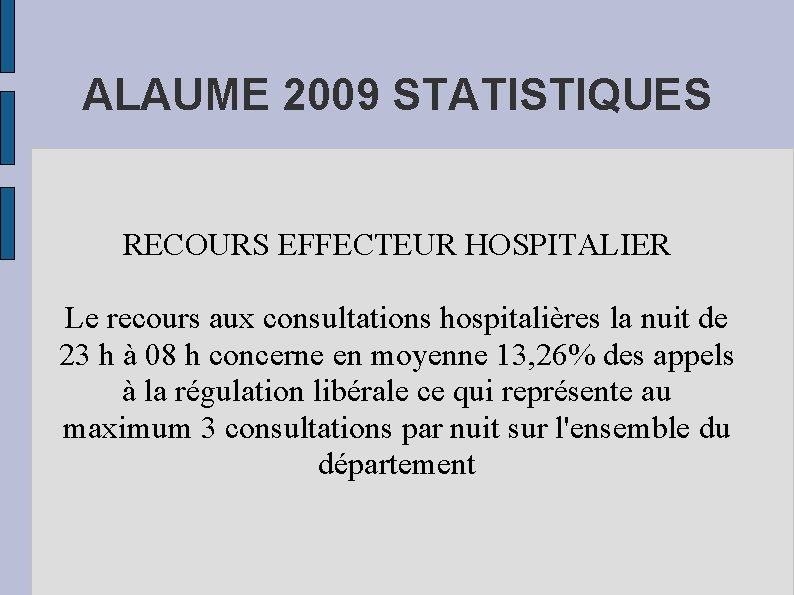 ALAUME 2009 STATISTIQUES RECOURS EFFECTEUR HOSPITALIER Le recours aux consultations hospitalières la nuit de