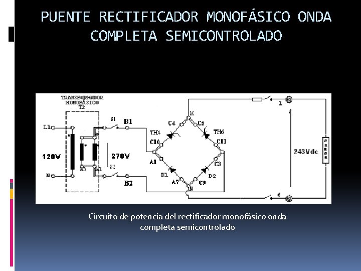 PUENTE RECTIFICADOR MONOFÁSICO ONDA COMPLETA SEMICONTROLADO Circuito de potencia del rectificador monofásico onda completa