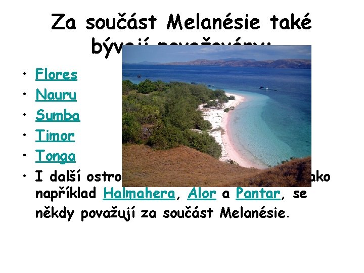 Za součást Melanésie také bývají považovány: • • • Flores Nauru Sumba Timor Tonga