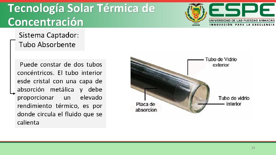 Tecnología Solar Térmica de Concentración Sistema Captador: Tubo Absorbente Puede constar de dos tubos