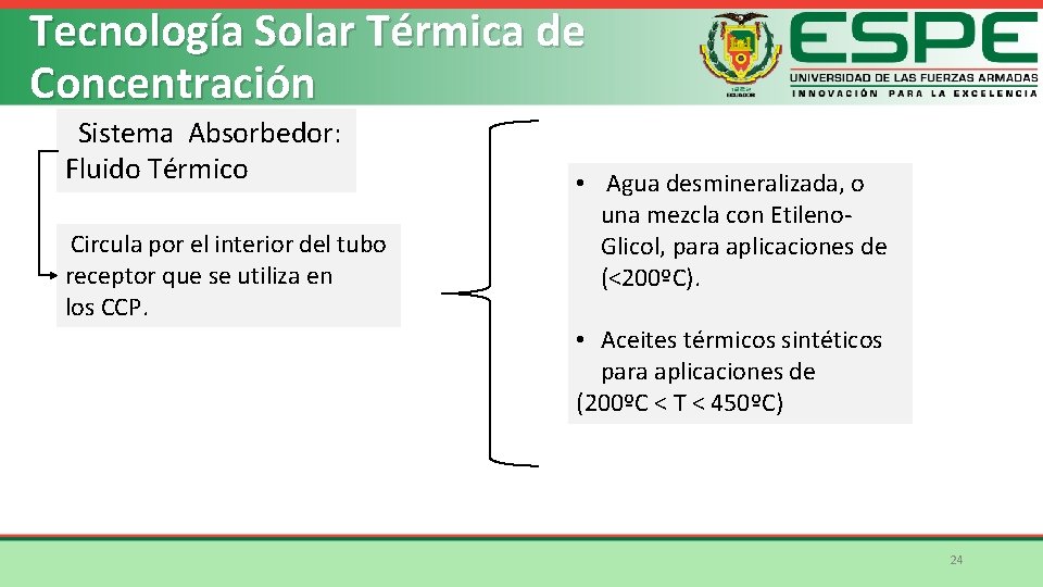 Tecnología Solar Térmica de Concentración Sistema Absorbedor: Fluido Térmico Circula por el interior del