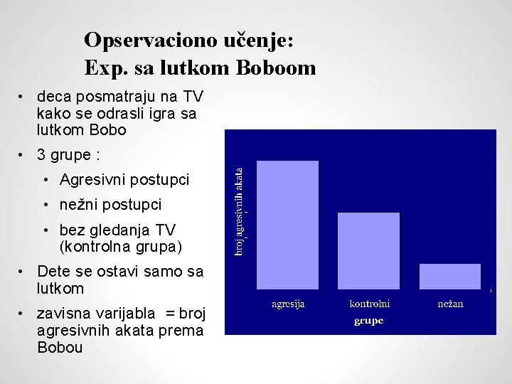 Opservaciono učenje: Exp. sa lutkom Boboom • deca posmatraju na TV kako se odrasli