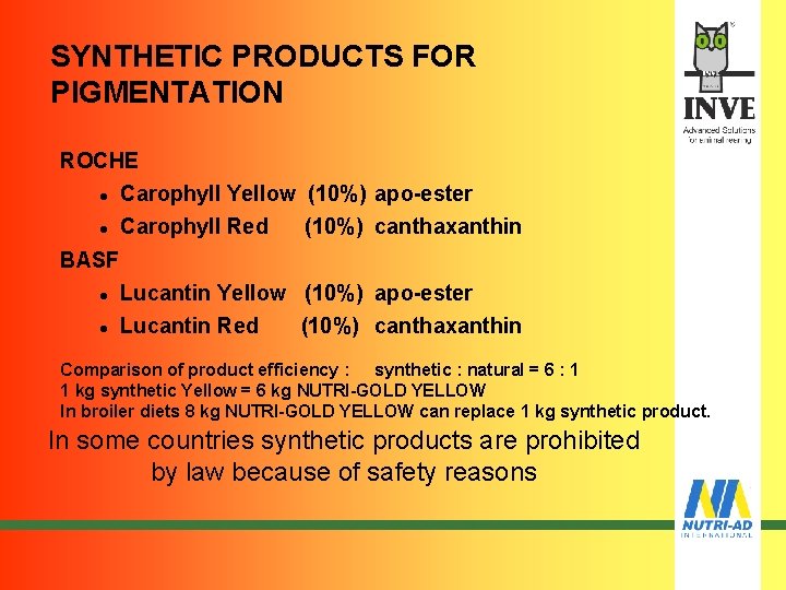 SYNTHETIC PRODUCTS FOR PIGMENTATION ROCHE l Carophyll Yellow (10%) apo-ester l Carophyll Red (10%)