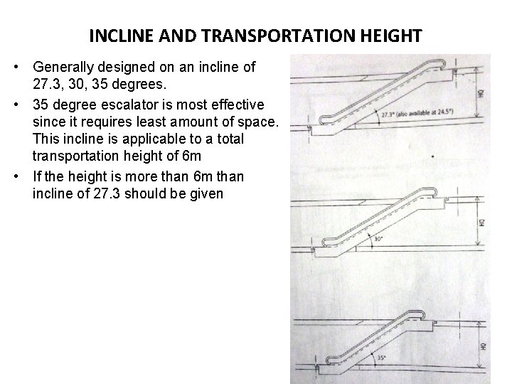 INCLINE AND TRANSPORTATION HEIGHT • Generally designed on an incline of 27. 3, 30,