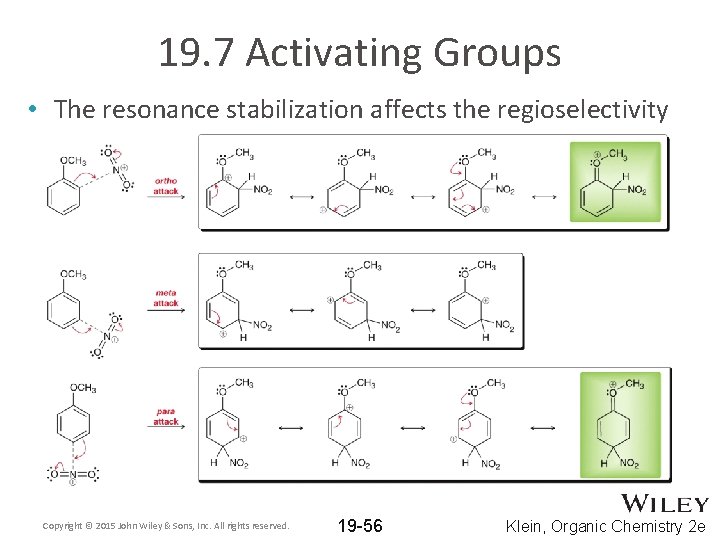 19. 7 Activating Groups • The resonance stabilization affects the regioselectivity Copyright © 2015