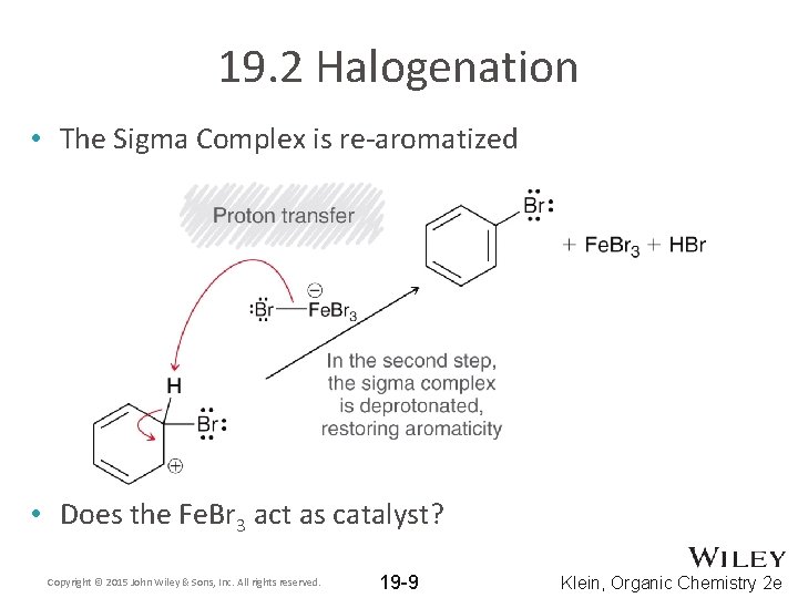 19. 2 Halogenation • The Sigma Complex is re-aromatized • Does the Fe. Br