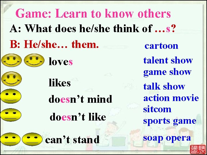 Game: Learn to know others A: What does he/she think of …s? B: He/she… Game: Learn to know others A: What does he/she think of …s? B: He/she…