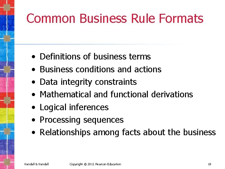 Common Business Rule Formats • • Definitions of business terms Business conditions and actions