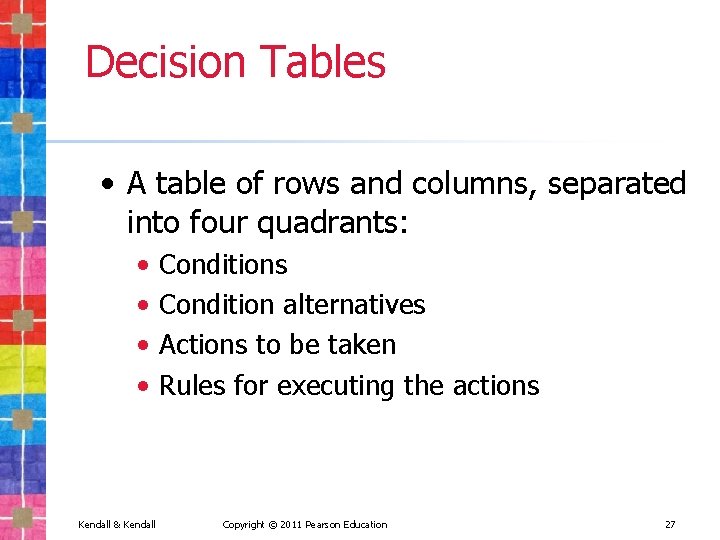 Decision Tables • A table of rows and columns, separated into four quadrants: •