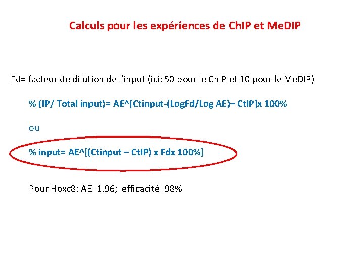 Calculs pour les expériences de Ch. IP et Me. DIP Fd= facteur de dilution