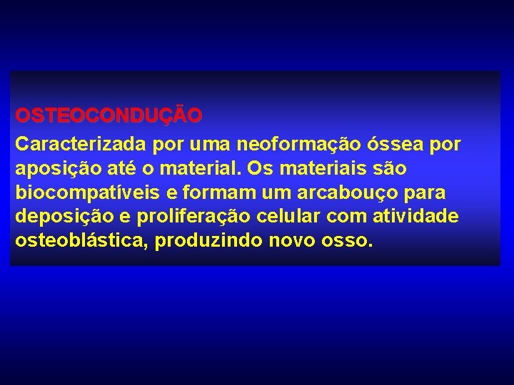 OSTEOCONDUÇÃO Caracterizada por uma neoformação óssea por aposição até o material. Os materiais são