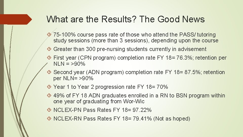 What are the Results? The Good News 75 -100% course pass rate of those