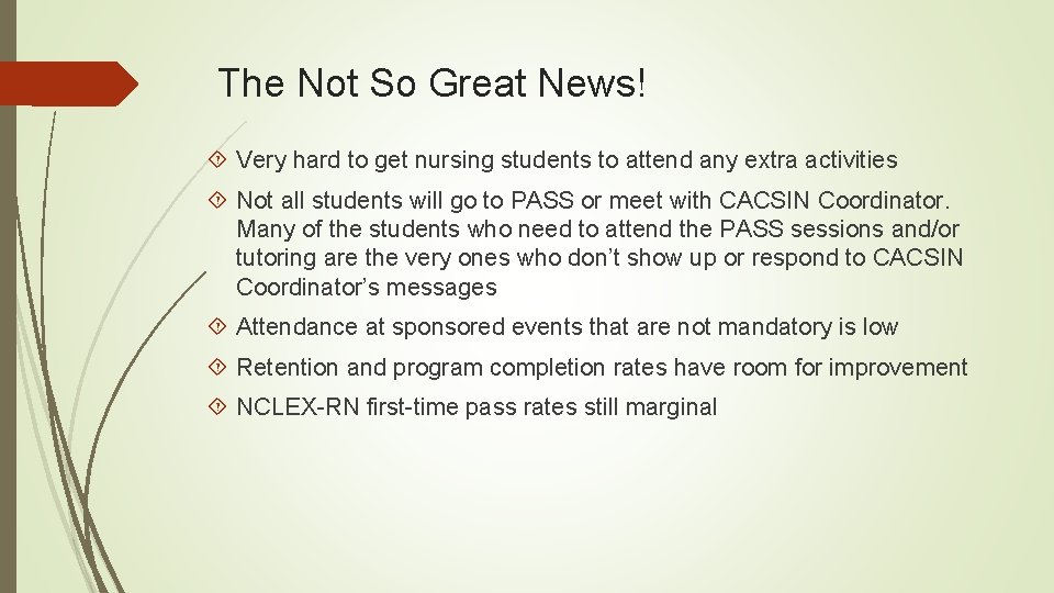 The Not So Great News! Very hard to get nursing students to attend any