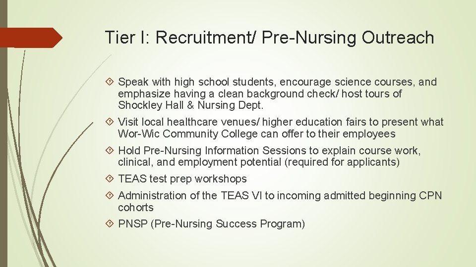 Tier I: Recruitment/ Pre-Nursing Outreach Speak with high school students, encourage science courses, and