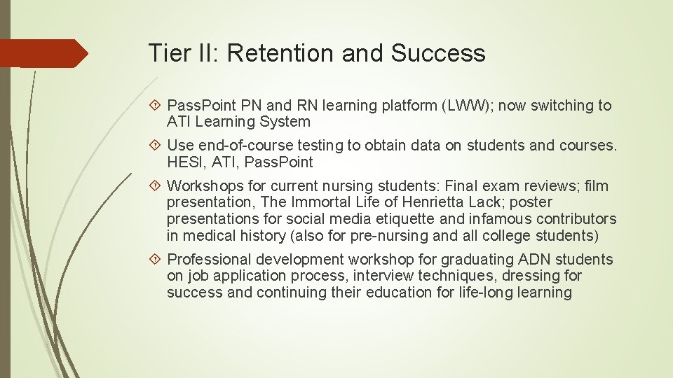 Tier II: Retention and Success Pass. Point PN and RN learning platform (LWW); now