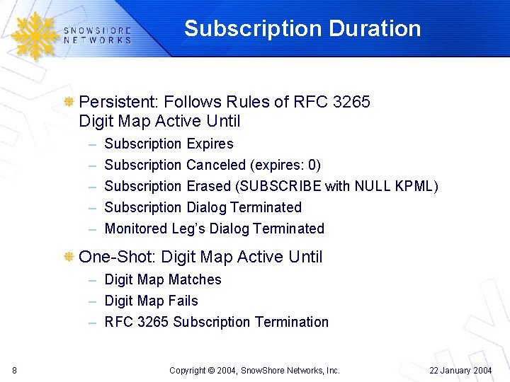 Subscription Duration Persistent: Follows Rules of RFC 3265 Digit Map Active Until – –