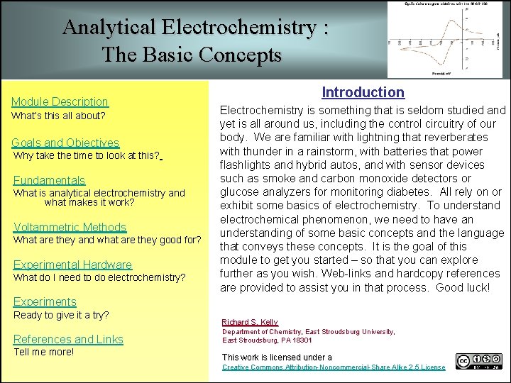 Analytical Electrochemistry : The Basic Concepts Module Description What’s this all about? Goals and