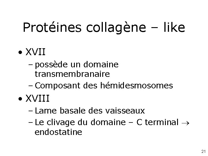 Protéines collagène – like • XVII – possède un domaine transmembranaire – Composant des