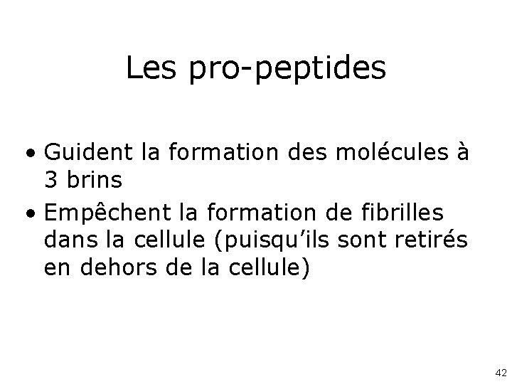 Les pro-peptides • Guident la formation des molécules à 3 brins • Empêchent la