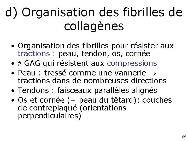 d) Organisation des fibrilles de collagènes • Organisation des fibrilles pour résister aux tractions