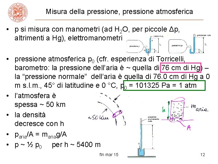 Misura della pressione, pressione atmosferica • p si misura con manometri (ad H 2