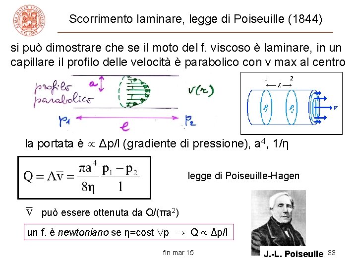 Scorrimento laminare, legge di Poiseuille (1844) si può dimostrare che se il moto del