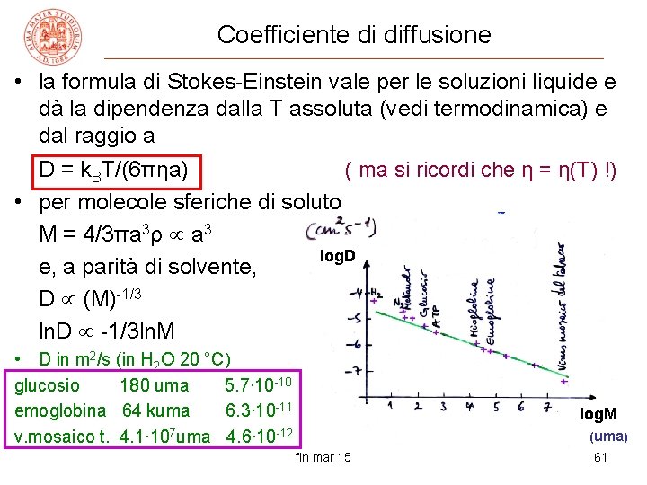 Coefficiente di diffusione • la formula di Stokes-Einstein vale per le soluzioni liquide e