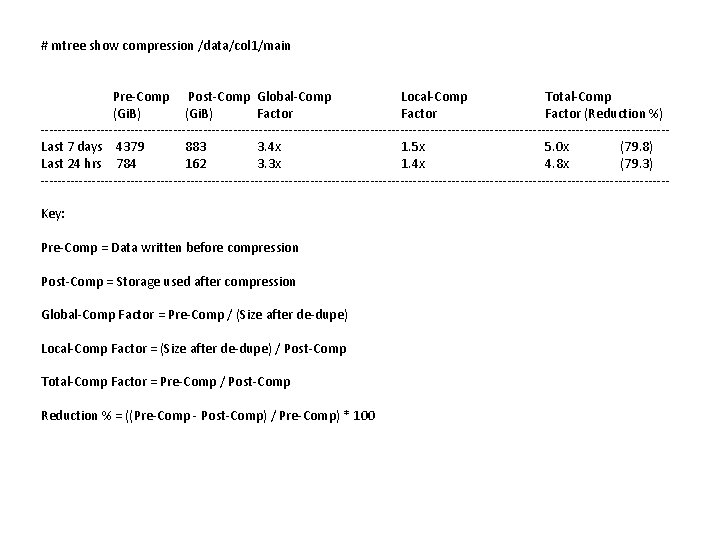 # mtree show compression /data/col 1/main Pre-Comp Post-Comp Global-Comp Local-Comp Total-Comp (Gi. B) Factor