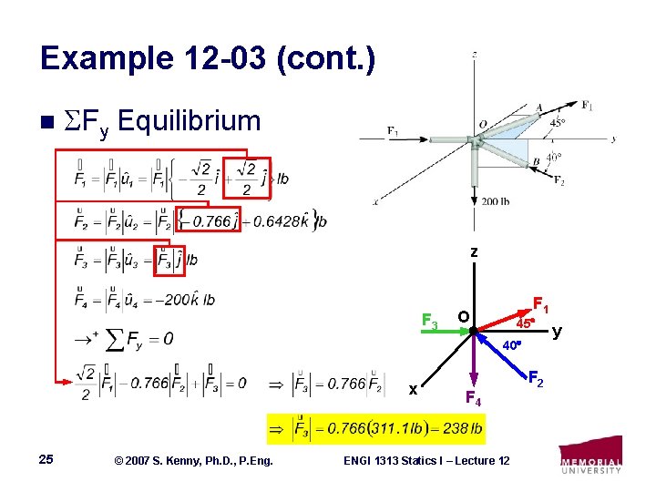 Example 12 -03 (cont. ) n Fy Equilibrium z F 3 F 1 O