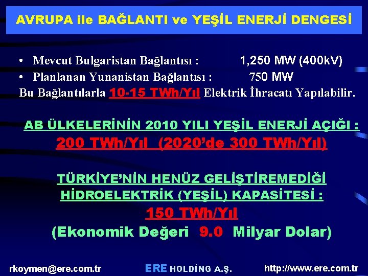 AVRUPA ile BAĞLANTI ve YEŞİL ENERJİ DENGESİ • Mevcut Bulgaristan Bağlantısı : 1, 250 AVRUPA ile BAĞLANTI ve YEŞİL ENERJİ DENGESİ • Mevcut Bulgaristan Bağlantısı : 1, 250