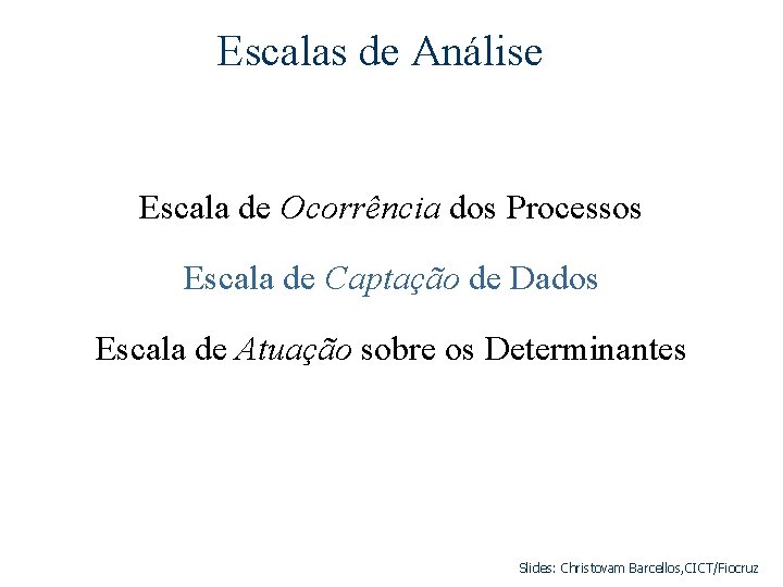 Escalas de Análise Escala de Ocorrência dos Processos Escala de Captação de Dados Escala