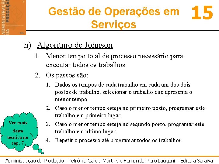 Gestão de Operações em Serviços 15 h) Algoritmo de Johnson 1. Menor tempo total