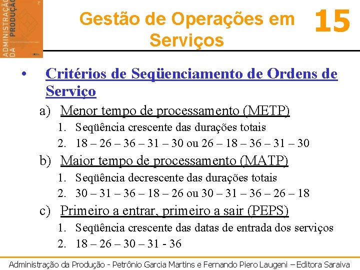 Gestão de Operações em Serviços • 15 Critérios de Seqüenciamento de Ordens de Serviço