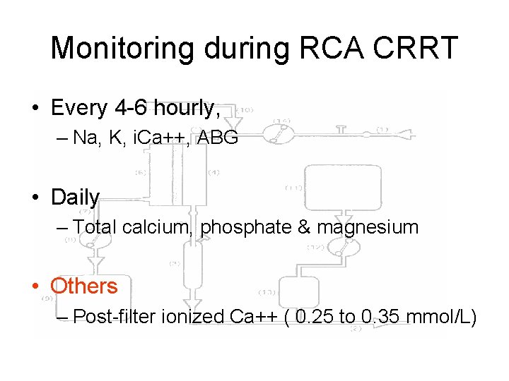 Monitoring during RCA CRRT • Every 4 -6 hourly, – Na, K, i. Ca++,