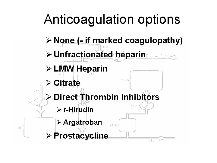 Anticoagulation options Ø None (- if marked coagulopathy) Ø Unfractionated heparin Ø LMW Heparin