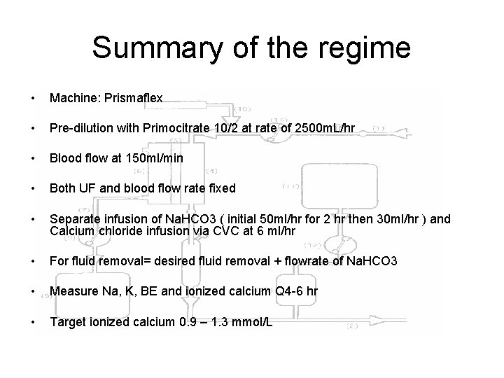 Summary of the regime • Machine: Prismaflex • Pre-dilution with Primocitrate 10/2 at rate