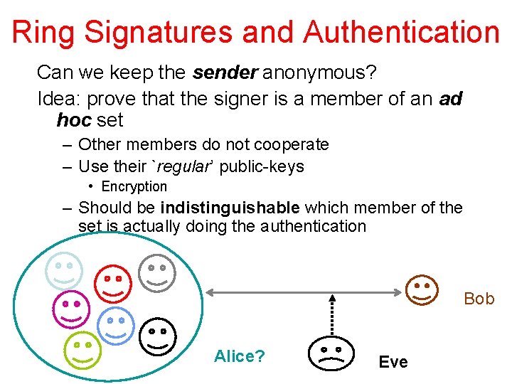 Ring Signatures and Authentication Can we keep the sender anonymous? Idea: prove that the