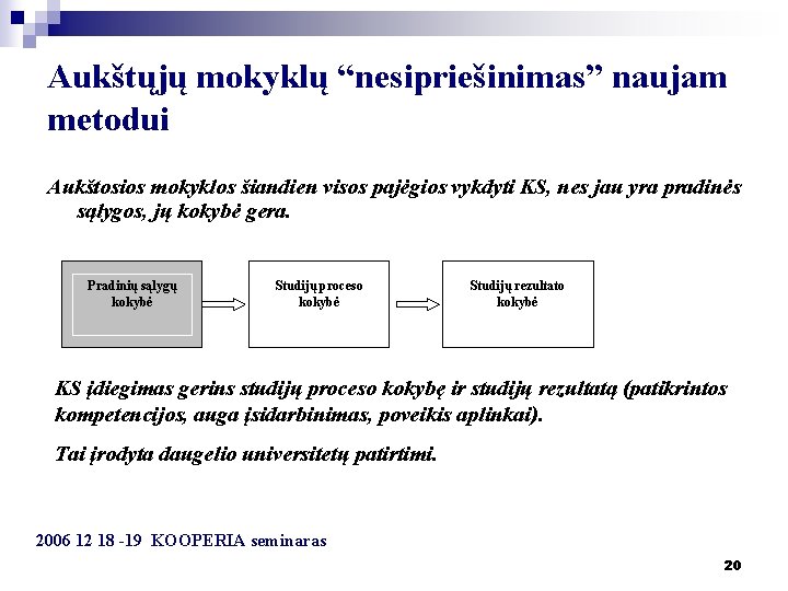 Aukštųjų mokyklų “nesipriešinimas” naujam metodui Aukštosios mokyklos šiandien visos pajėgios vykdyti KS, nes jau