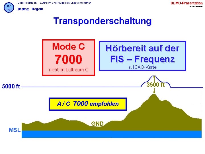 Ihr Logo Unterrichtsfach: Luftrecht und Flugsicherungsvorschriften DEMO-Präsentation © Henning Jahns Thema: Regeln Transponderschaltung Mode