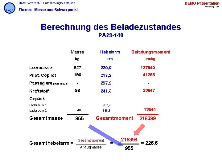 Ihr Logo Unterrichtsfach: Luftfahrzeugkenntnisse DEMO-Präsentation © Henning Jahns Thema: Masse und Schwerpunkt Berechnung des