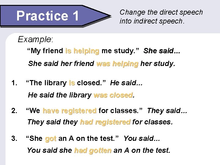 change the sentences to indirect speech