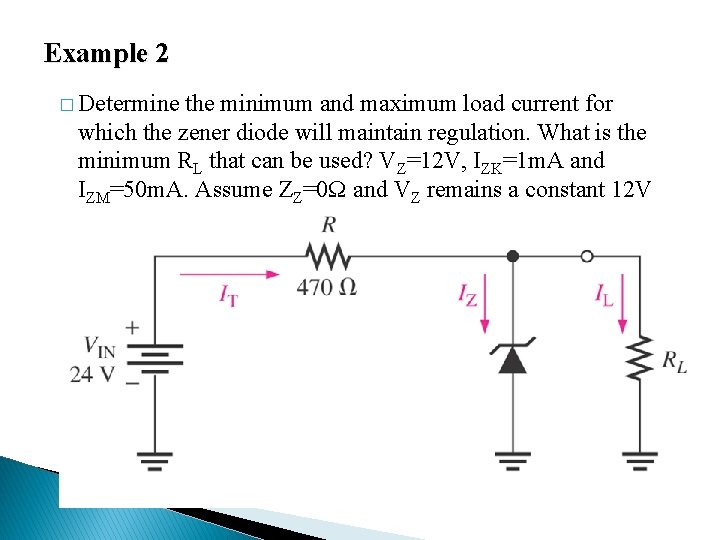Example 2 � Determine the minimum and maximum load current for which the zener
