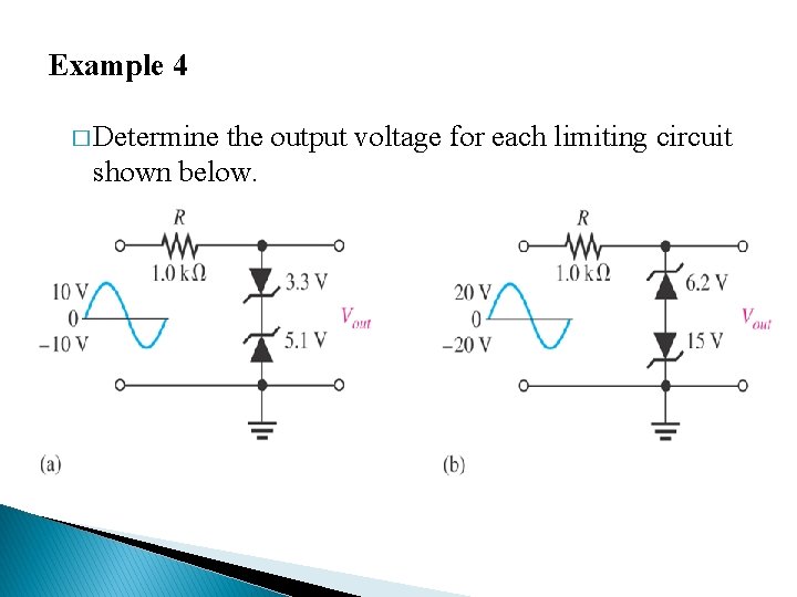 Example 4 � Determine the output voltage for each limiting circuit shown below. 