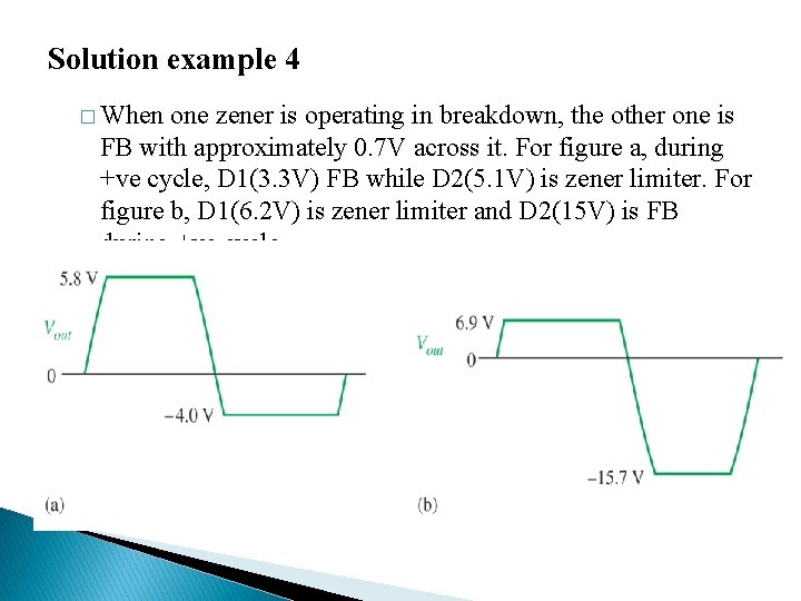 Solution example 4 � When one zener is operating in breakdown, the other one
