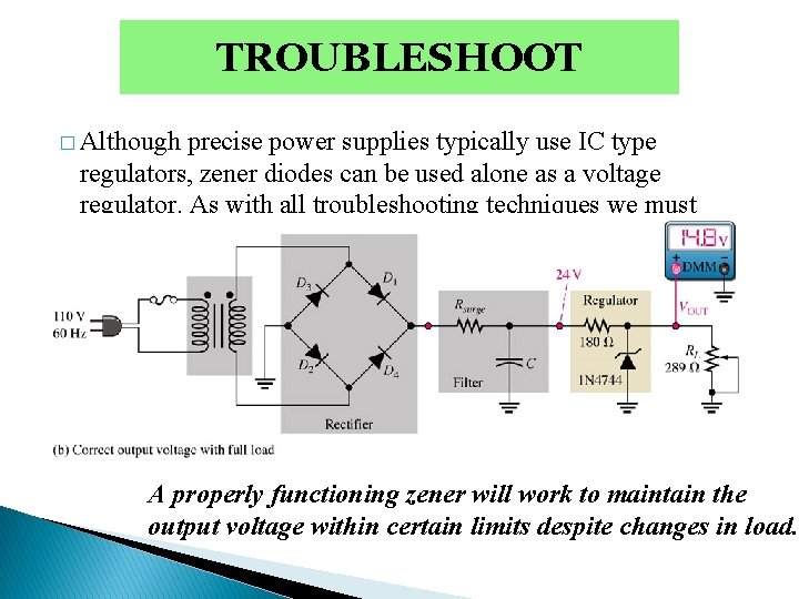 TROUBLESHOOT � Although precise power supplies typically use IC type regulators, zener diodes can