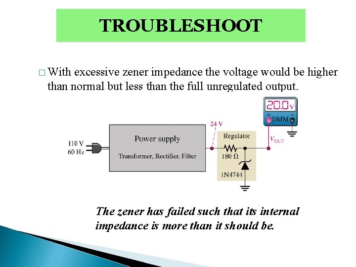 TROUBLESHOOT � With excessive zener impedance the voltage would be higher than normal but